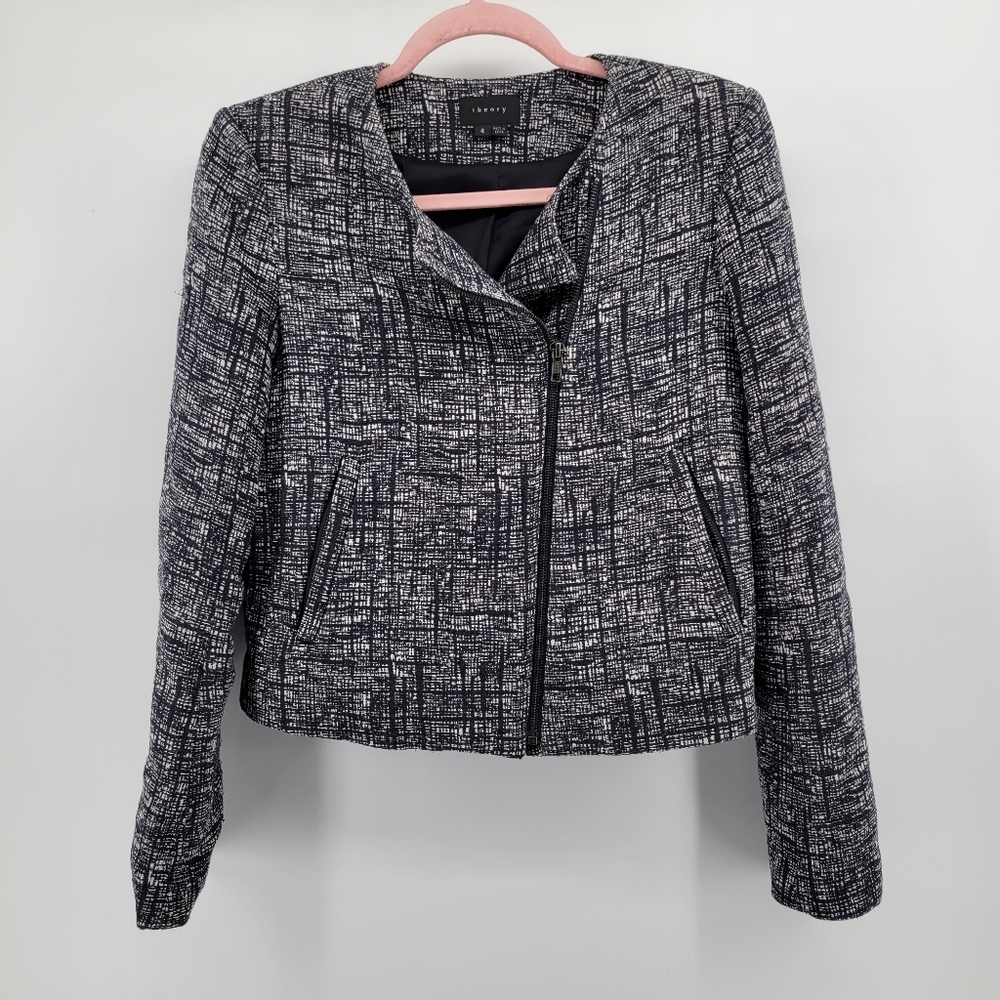 Theory textured asymmetrical zip cropped blazer 4